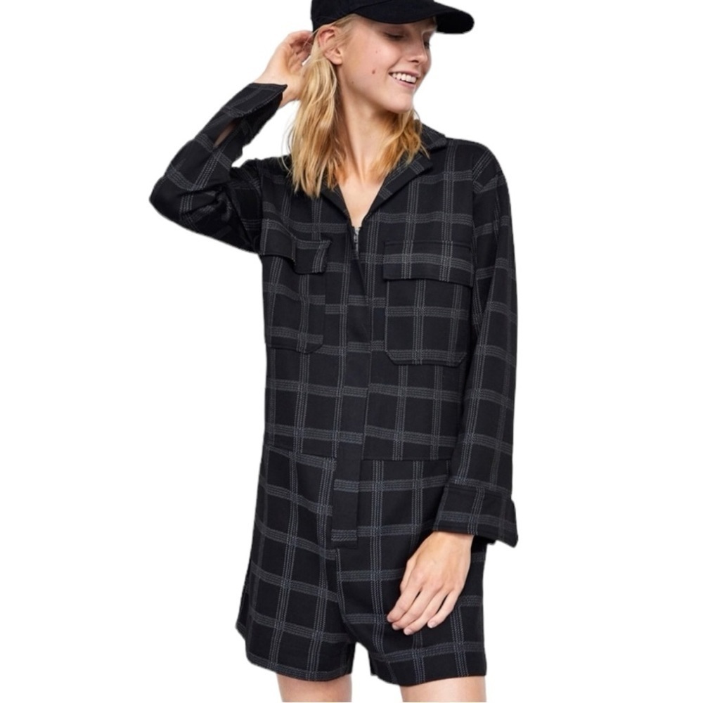 🌻ZARA Black Plaid Zip-Up Long Sleeve Shirt-Dress Romper Jumpsuit Size Medium